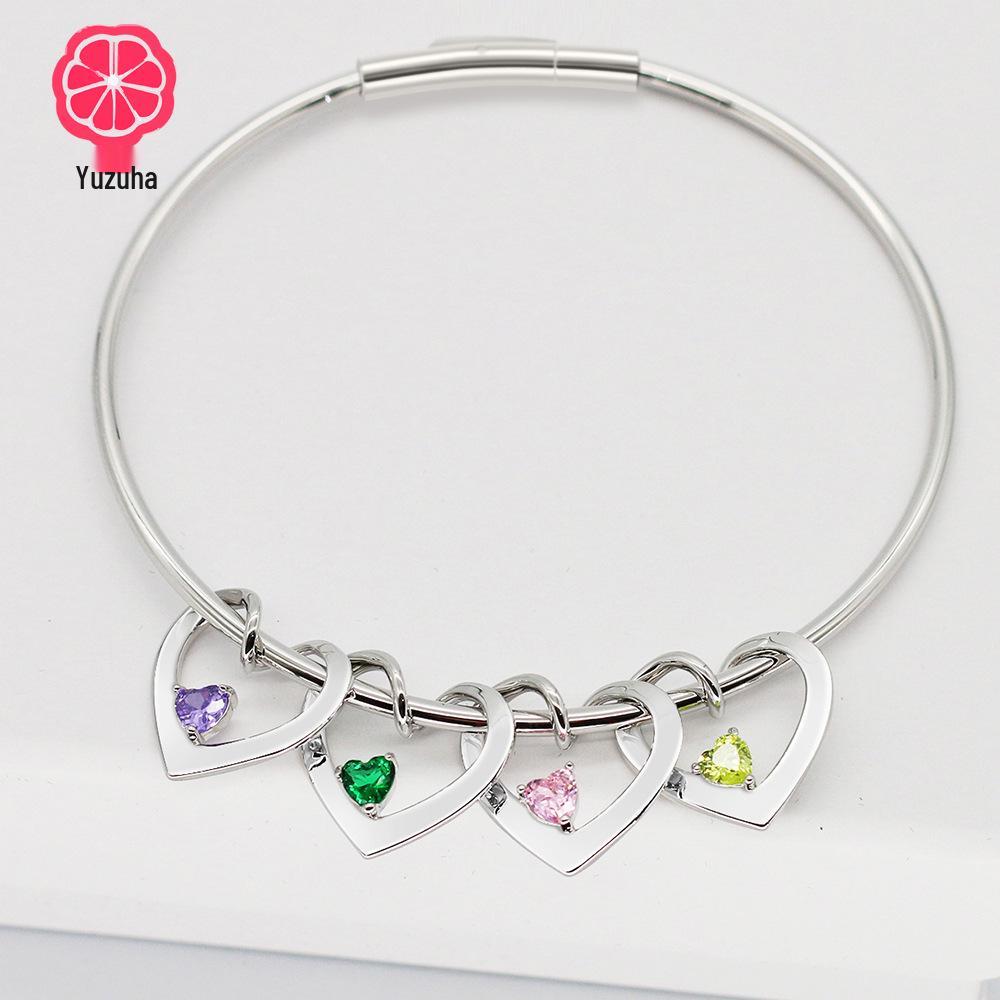 Exclusive 12-Color Birthstone Heart Bracelet with Custom Family Names – Christmas Gift