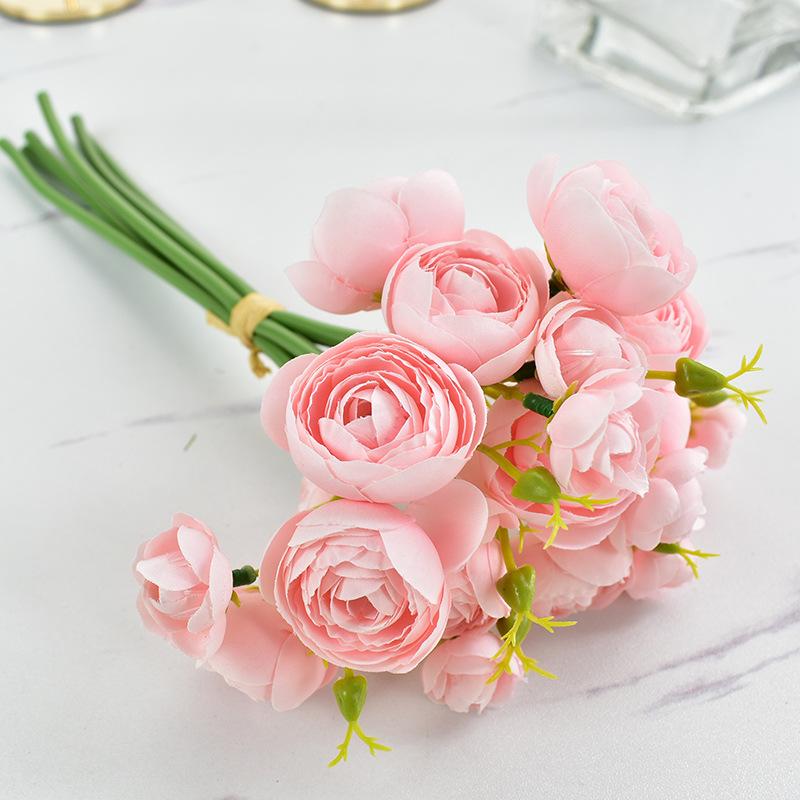 Small Tea Rose Lotus Bunch Fake Flower Simulation Artificial Camellia Hand Bouquet Decorative Ornament Wedding Photo Props