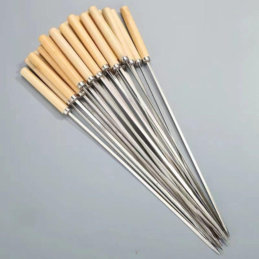 10pcs/set Wooden Handle Stainless Steel Barbecue  Stick Flat Barbecue Needle  Outdoor Picnic Camping