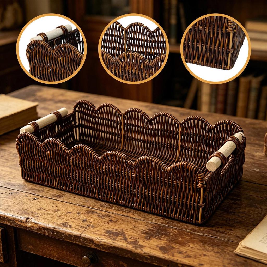 Basket Rectangular Food Storage Handmade Fruit Holder Rustic Serving Tray Bread for Coffee