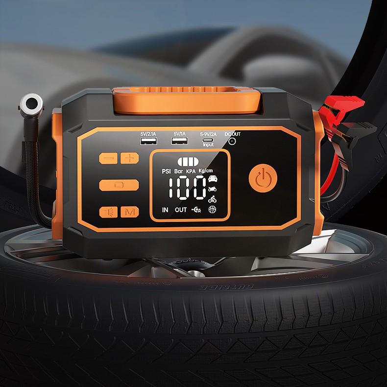 Portable Car Jump Starter with Integrated Lithium Battery and Tire Inflator