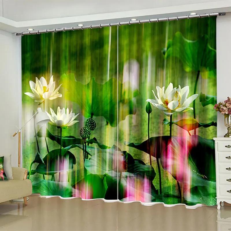 Lotus Green Lotus Flower Printed Curtain for Bedroom Living Room Floor-to-ceiling Window Kitchen Shutters Grommet Top Cortinas