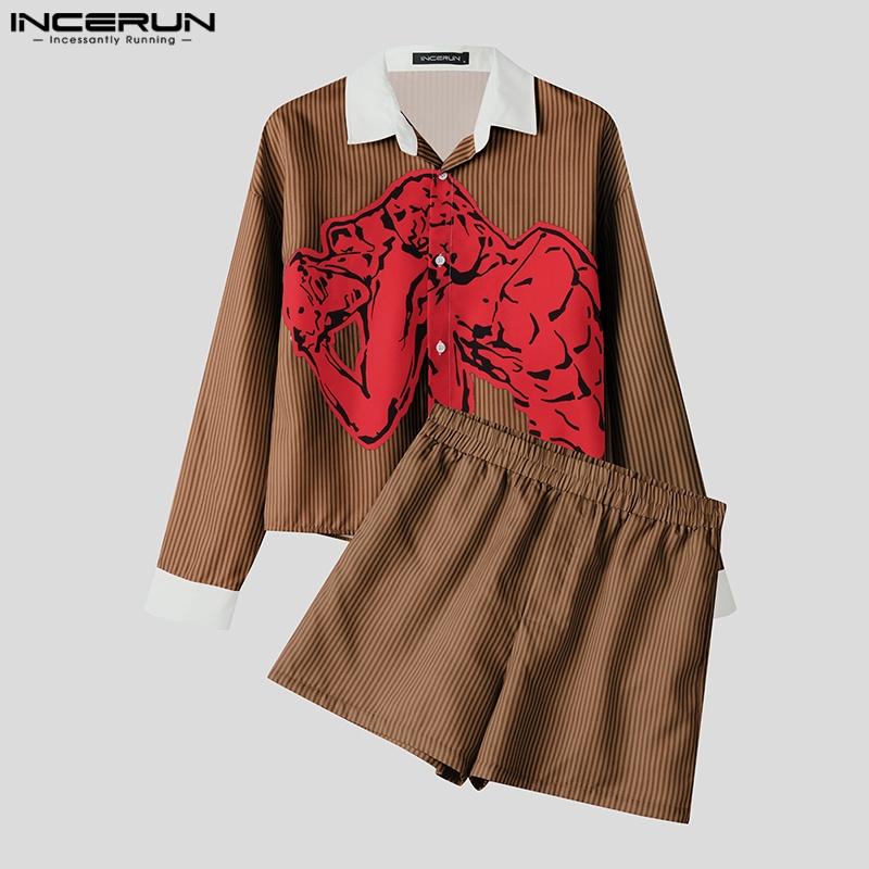 INCERUN 2PCS Men Two Pieces Striped Print Long Sleeve Buttons Shirts Short Pants Casual Sets