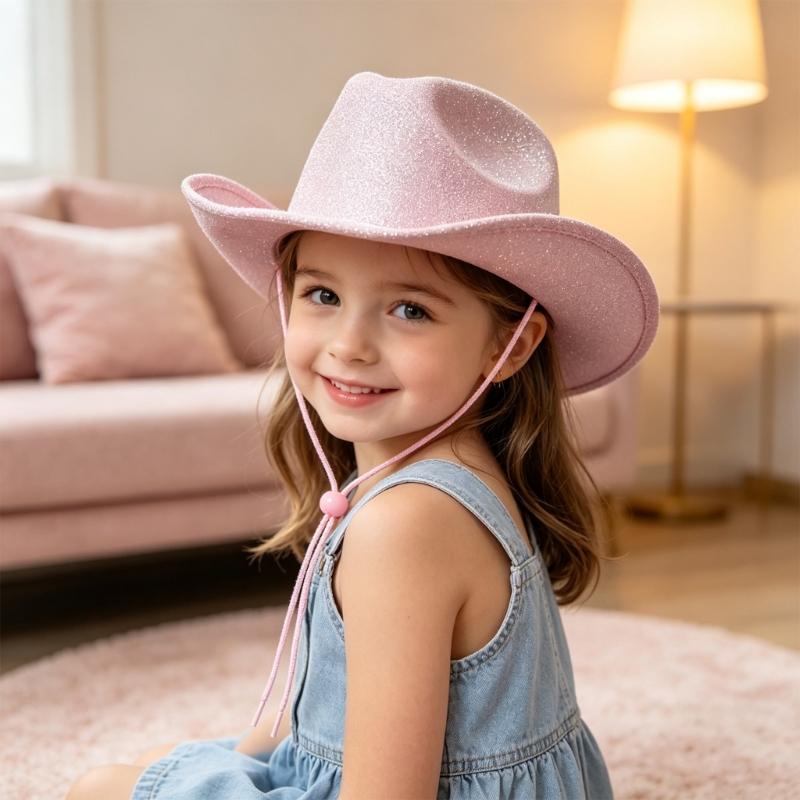 Kids Glitter Western Panama Hat Party Accessory with Broad Edge and Pinched Top for Costume Shows, Dance Recitals, Photo Fun