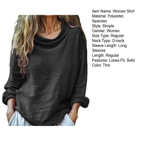 Women Shirt Piled Collar Long Sleeve Solid Color Pullover Tops Loose Fit Thin Tee Shirt Breathable Lightweight Tops