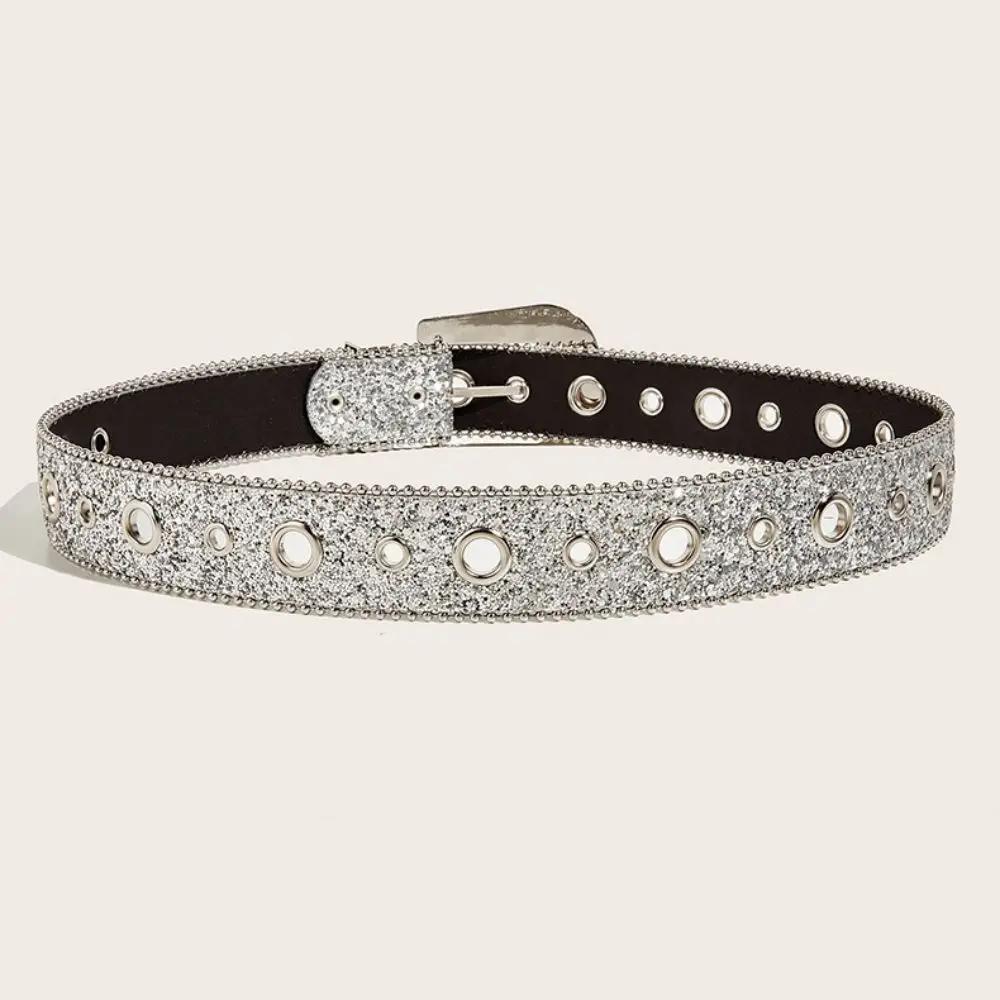 Women's Belt Gothic Black Silver Metal Buckle Trend Rhinestone Belt Nightclub Rock HipHop Y2K Style Women Jeans Belts Lady Belts