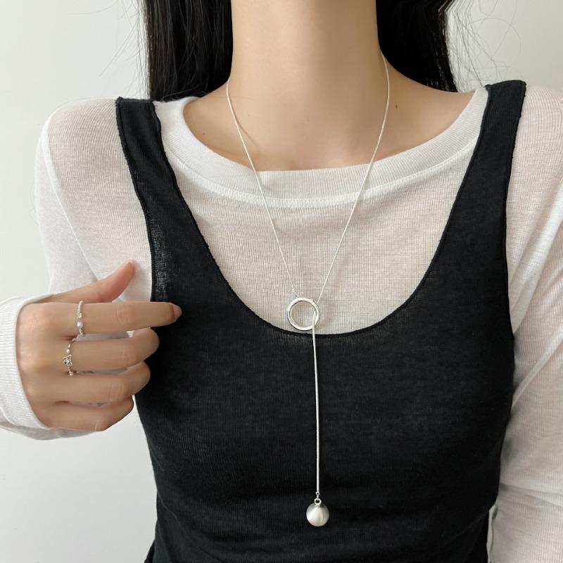 Minimalist Silver Brushed Round Ball Long Necklace Versatile Womens Sweater Accessory