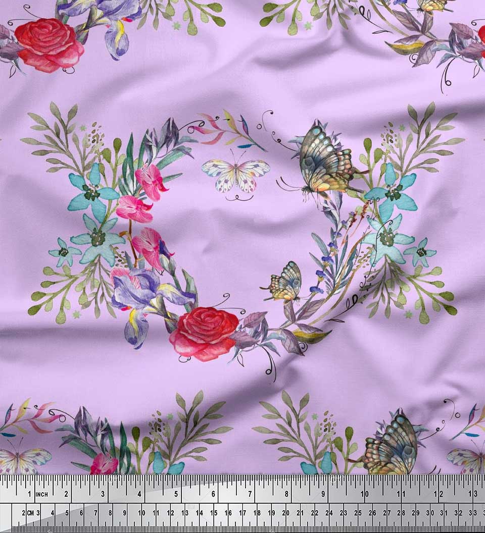 

Японська креп-атласна тканина Soimoi, метелик, троянда та вінок, декоративна тканина з квітами, друкований метр, 42 дюйми 42 Inch Wide - Poly Crepe рожевий