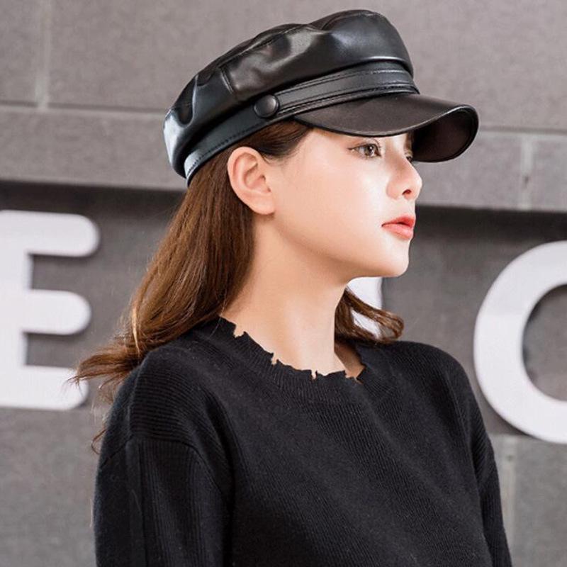 Korean Style PU Leather Sailor Beret - Octagonal Flat Top Women's Trendy Hat for Autumn/Winter
