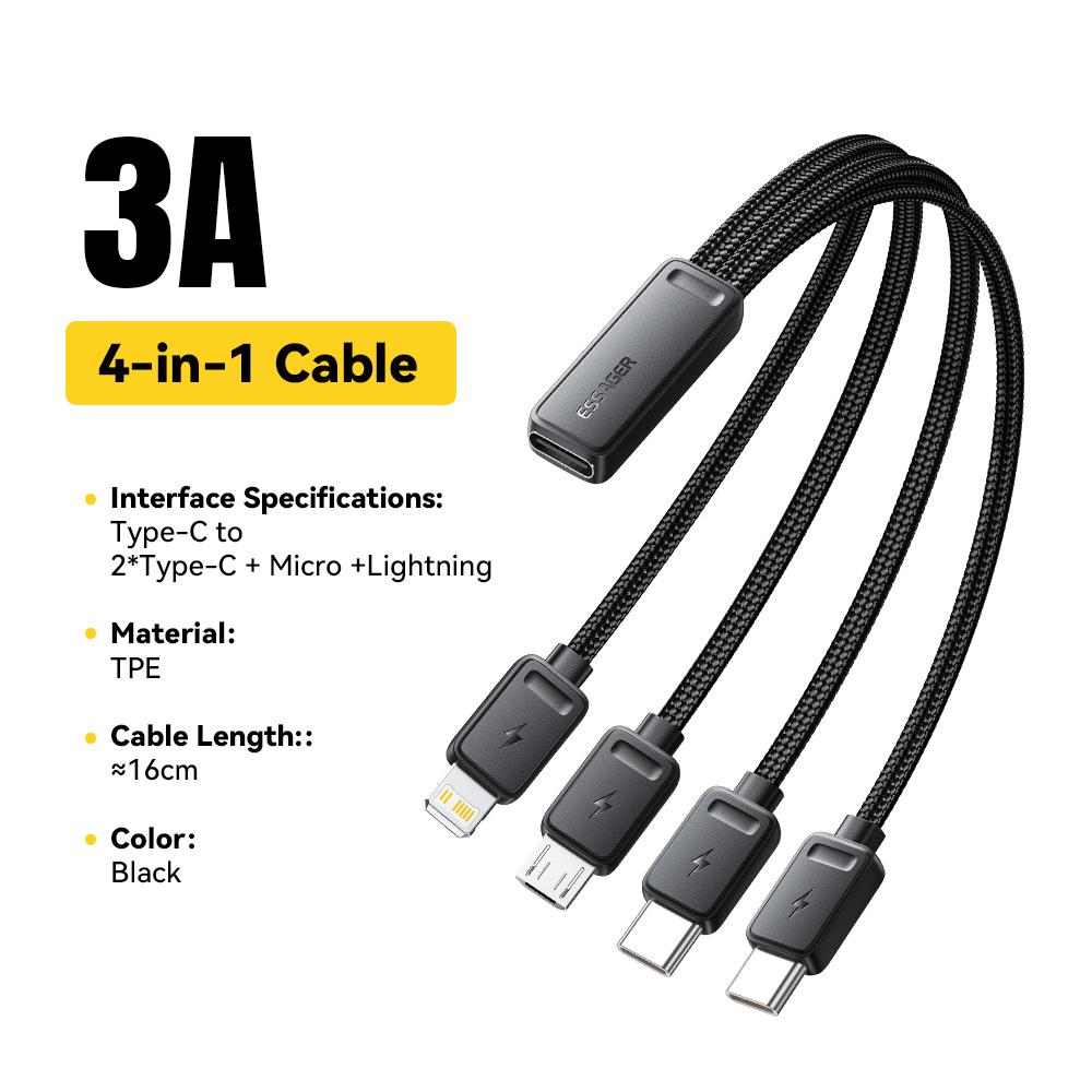 

Essager 4-in-1 Fast Charging Portable Cable for Travel Type C Female to Multi USB with 2 Type C Micro And Lightning Adapters чёрный