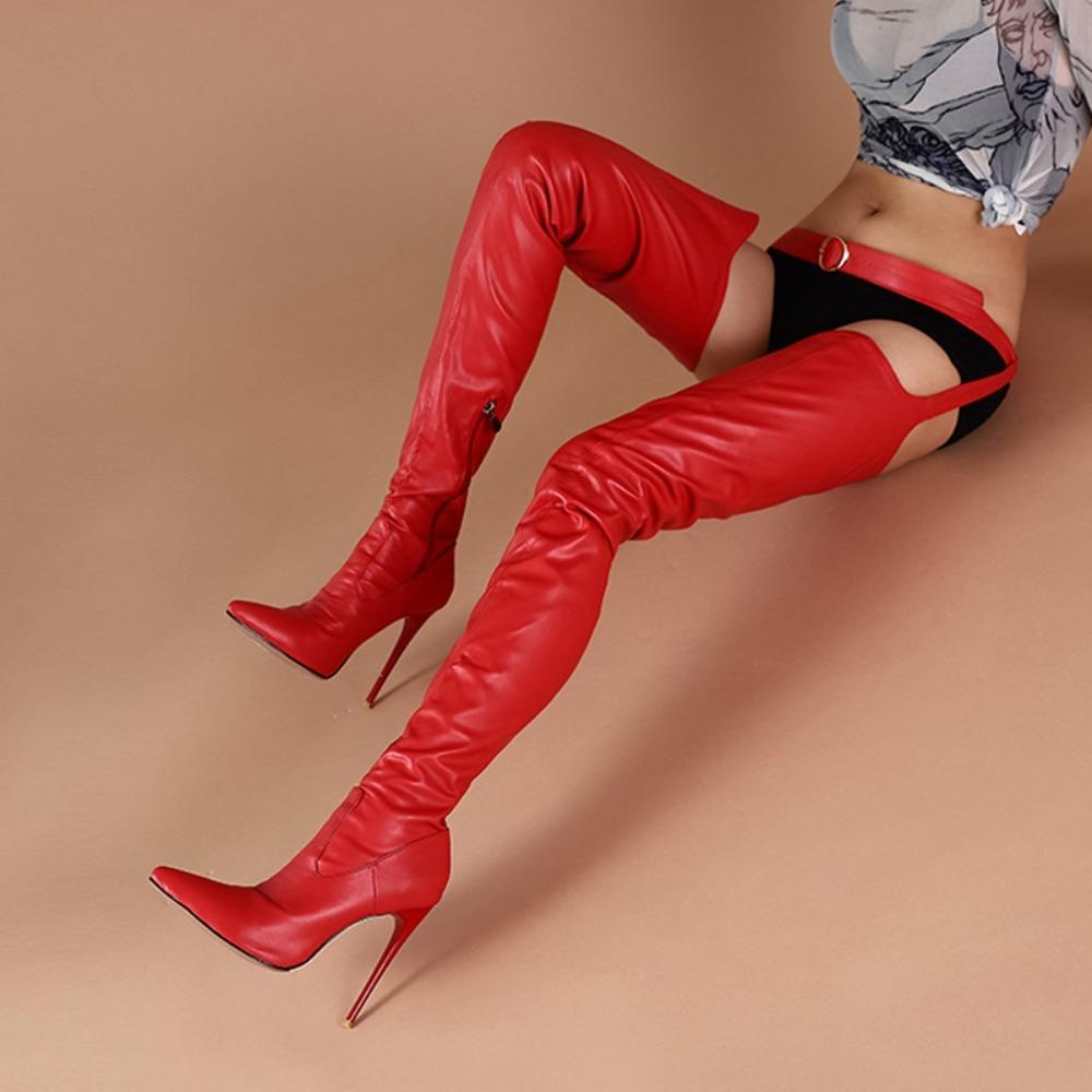 Stivali sopra il ginocchio da donna sexy Stivali con tacco alto da ragazza Scarpe con zip a punta in pelle verniciata a pieghe