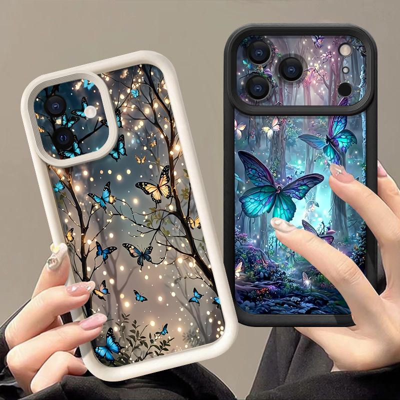 Měkké TPU Silikonové Pouzdro na Telefon Pro iPhone Air 16e 17 16 15 14 Pro Max 13 12 Pro 11 16 Plus Nárazuvzdorný Kryt se Vzorem Motýlů a Lesa