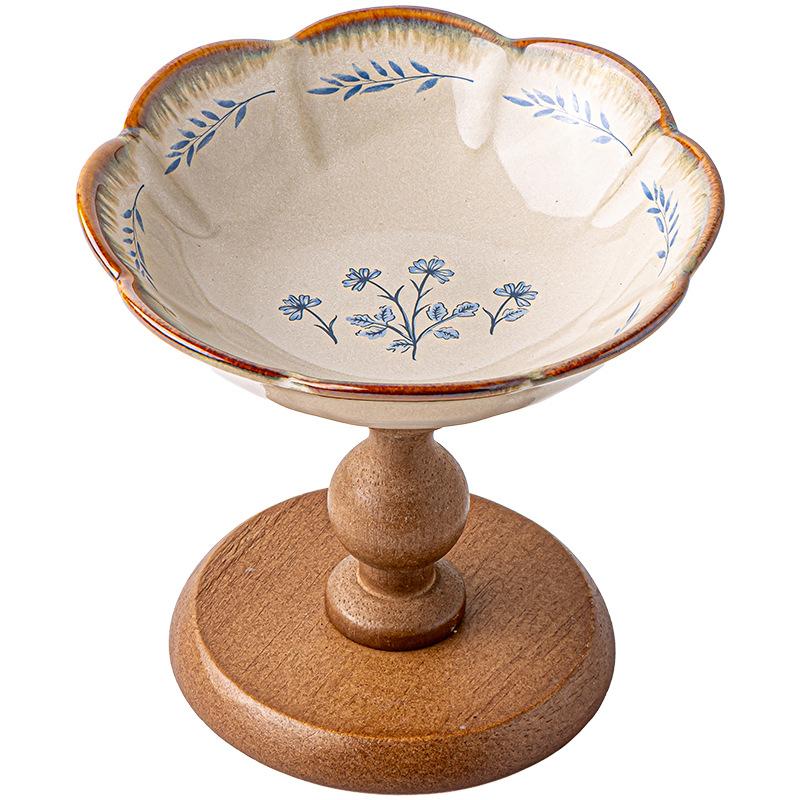 High-Value Fruit Plate Wooden High-Footed Fruit Plate Ceramic Pastry Plate Snack Tray Entrance Ornament Export
