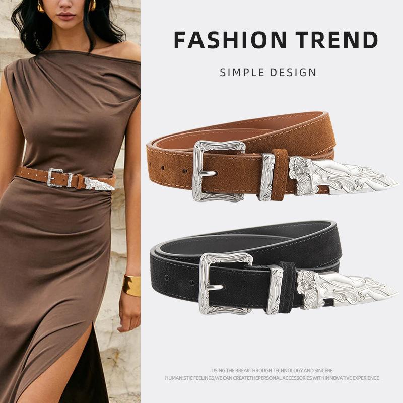 Genuine Leather Belt Lady's Knight Carved European and American Versatile Jeans Decorative Belt for Women