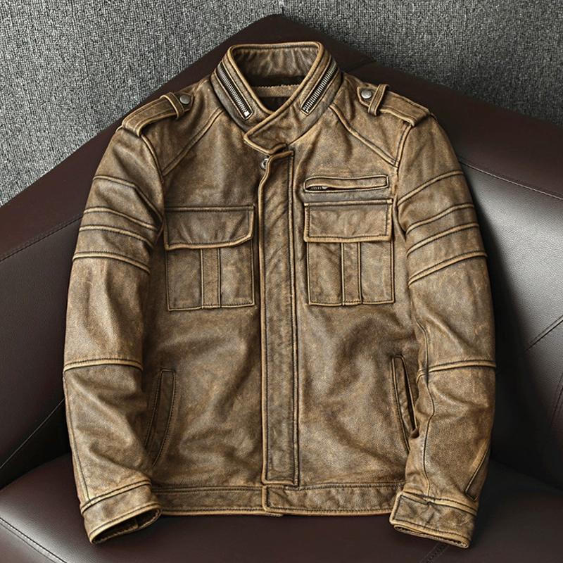 

Винтажная куртка из натуральной кожи мужская короткая потертая косуха из чистой коровьей кожи мотоциклетная куртка осень-зима 5XL имбирный