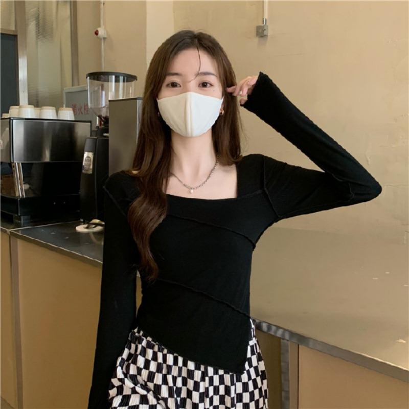 

Футболка с неровным квадратным вырезом и длинным рукавом, осенняя, корейская версия, новый дизайн Spice Girls, облегающий топ для женщин XL