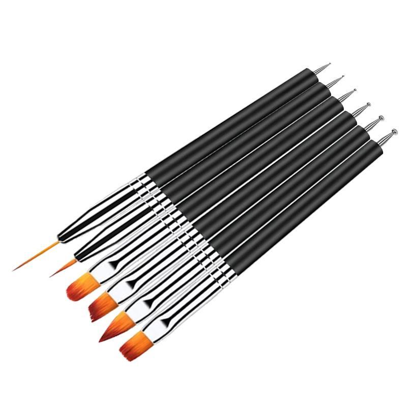 6Pcs Dual-Ended Nail Art Brush Set Black Handle Multi-Type Tips For Liner Uv Gel Painting Carving Manicure Tools Professional