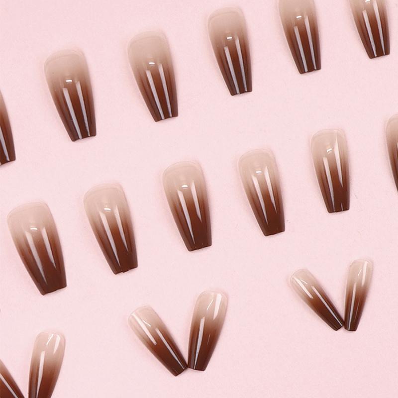 24pcs/packBrown Gradient Wearable Nails Hot Girl Style Khaki Coffee Color Press-On Nails Medium Length Reusable Wearable Nails