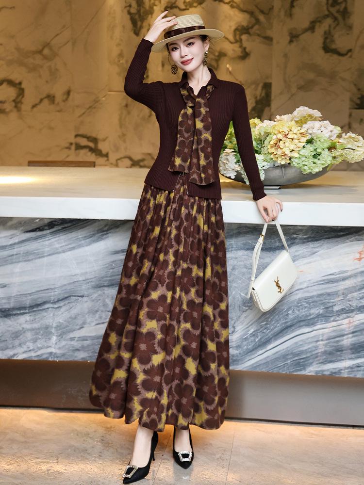 2025 Autumn Slim Fit Knit Cardigan & Floral Midi Skirt Set