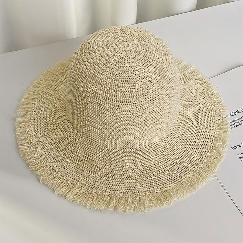 Female Korean  Large Brim Rough Edge Breathable Straw Hat Summer Shading Sun Protection Bucket Hat Seaside Solid Color Beach Hat