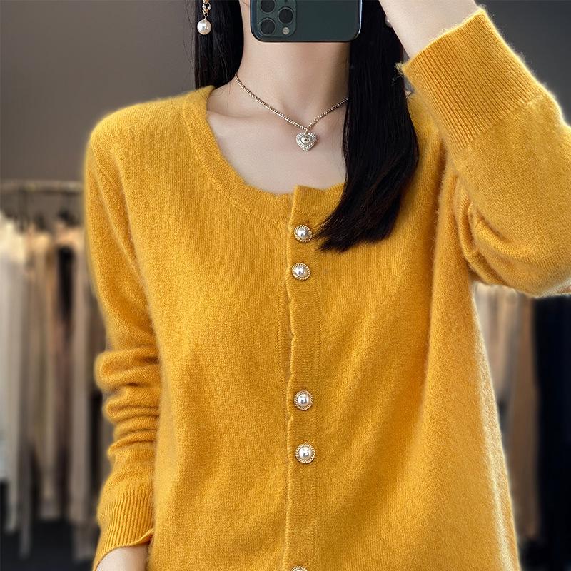 Wool Loose Pearl Button Round Neck Knit Sweater Cardigan New Spring Women's Versatile Jacket Top
