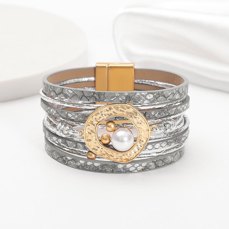 

Vintage Simulation Pearl Beads Leather Bracelet Jewelry Boho Multilayer Wrap Wide Bangle for Women