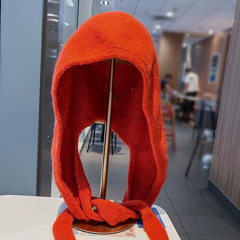 Korean version ins balaclava hat scarf integrated warm red knitted hat ear protector wool hat big head circumference