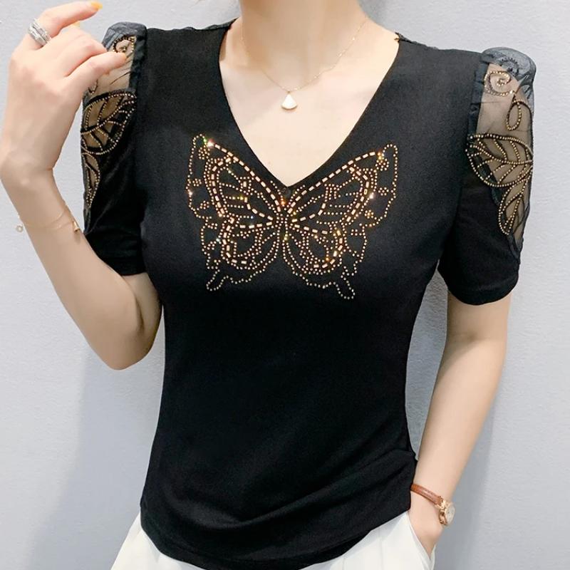 New European Clothes Women's Summer Rhinestone Butterfly T-Shirt Sexy V-Neck Casual Tees Puff Sleeve Tops