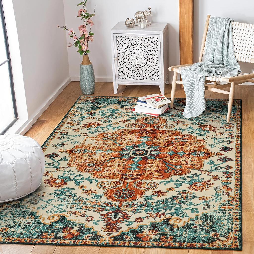 Boho Area Rug Tvättbar Matta för Sovrum Floral Badrumsmatta Halkfri Vintage Badmatta Inomhusmatta för Entré Flickrum