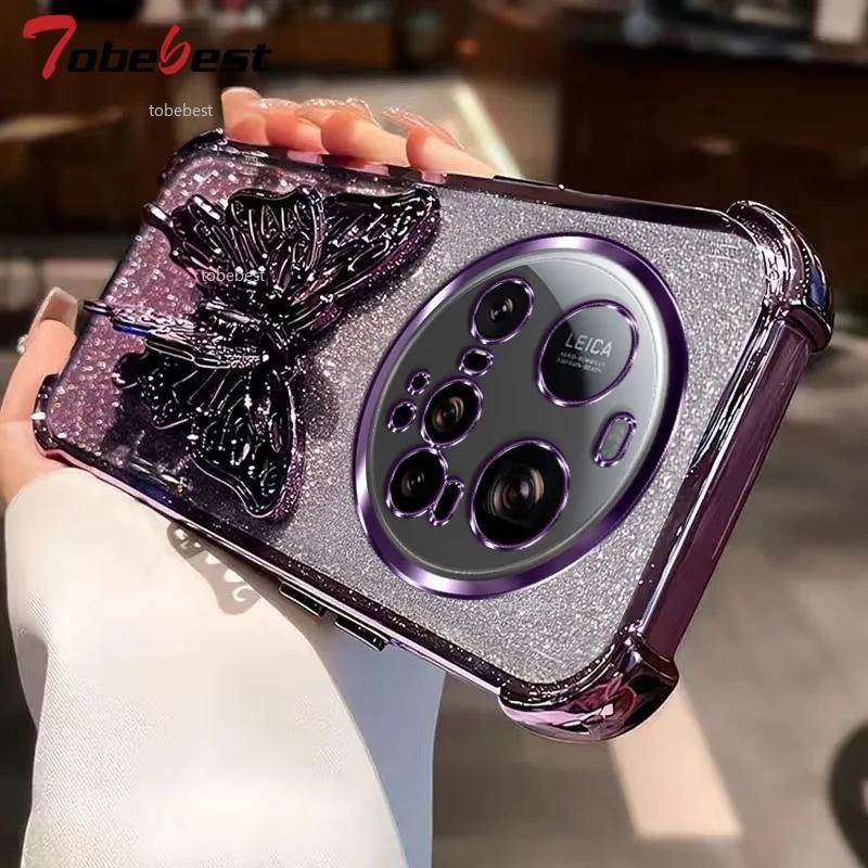 Shockproof Glitter Plating Case for Xiaomi 15 Ultra 14 14T 13 12 11 Pro Lite 3D Butterfly Phone Holder Bead bracelet Back Cover