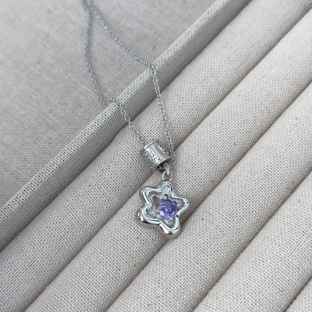 Purple Zircon Flower Pendant Necklace Light Luxury Silver Diamond Design Women'S Retro Elegant Fashion Accessories Jewelry