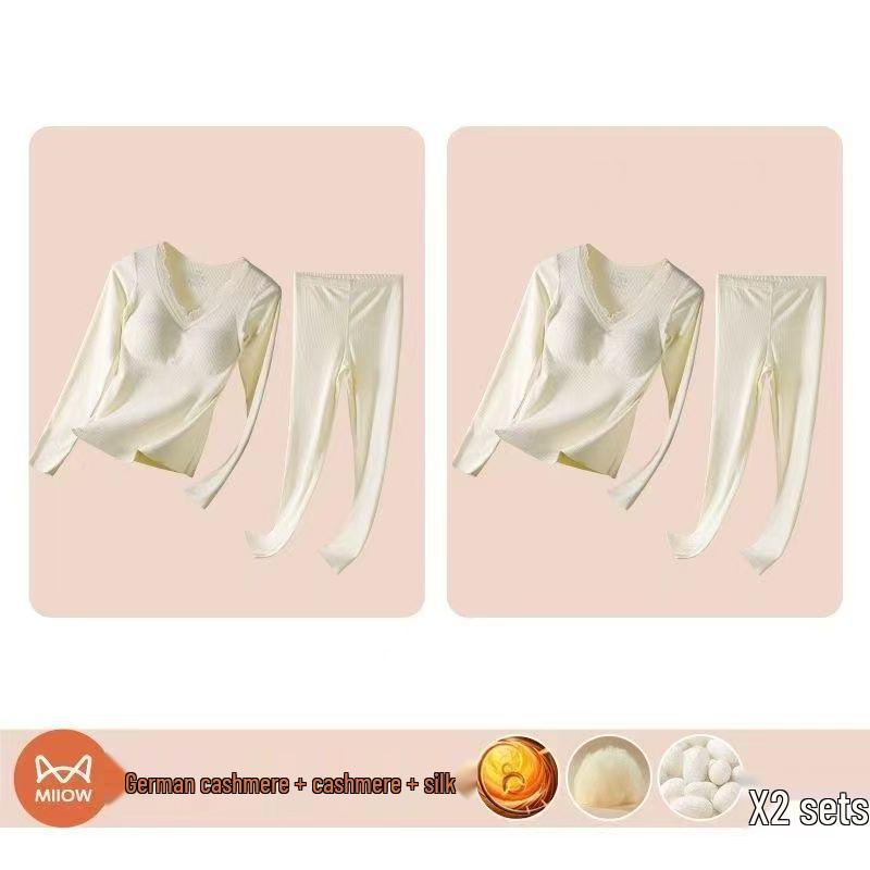 Women's Cashmere Silk Warm Set with Built-In Bra, Plus Velvet, Autumn/Winter 2025 Style, Base Layer Top Innerwear
