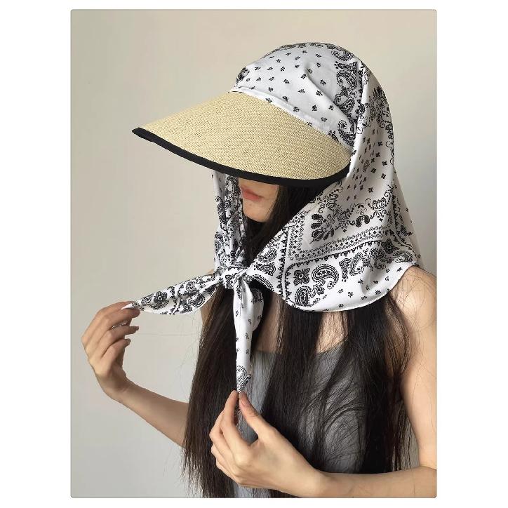 Summer Seaside Vacation Style Straw Sun Hat with Ice Silk Headscarf, Versatile Sun Protection Hat with Neck Protection, Integrated Headscarf and