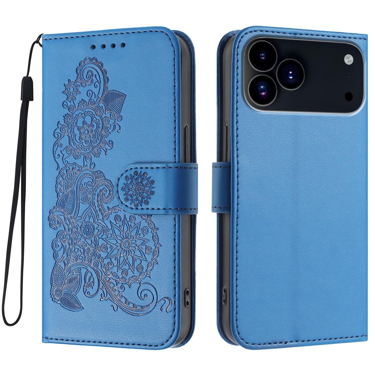 

For iPhone 17 Pro Phone Cases Mandala Flower Leather Wallet Mobile Cover with Strap Royal Blue