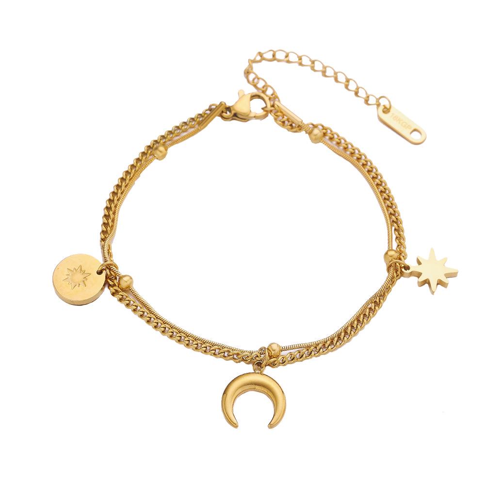 European Style 18K Gold-Plated Stainless Steel Bracelet with Crescent Moon, Round Plate, and Eight-Pointed Star Titanium Pendant.