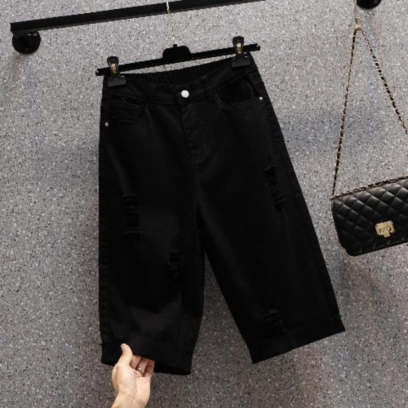 Plus Size Summer Jeans Pants Women Elastic Shorts Loose Casual Ripped Basic Trousers Denim