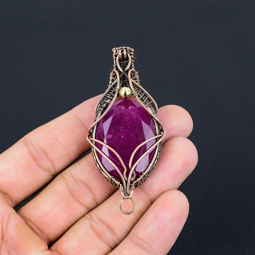Lab-Created Ruby Gemstone Handmade Pure Copper Wire Wrapped Beautiful Jewelry Pendant