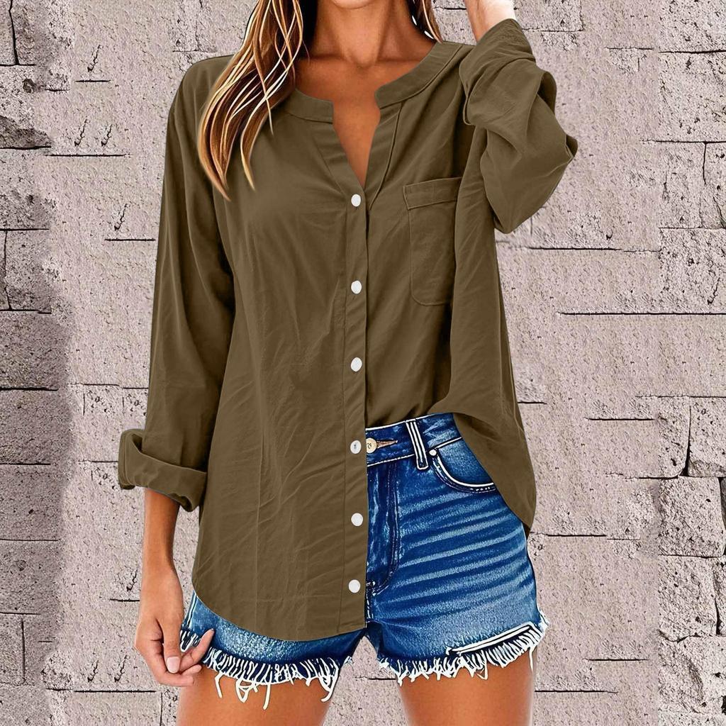 Women's Fashion Casual Solid Color T-Shirt Cotton Linen Long Sleeve Cardigan Loose Top