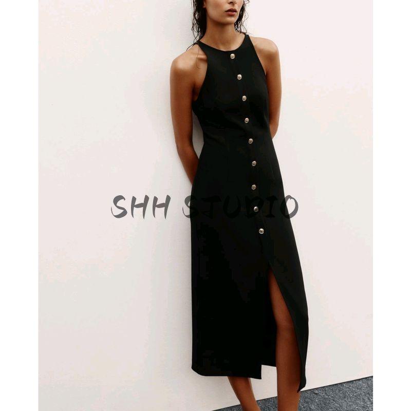 Summer Women Clothes Casual Style Round Neck Sleeveless Gold-Plated Layer Decorated Row Button Crepe Midi Dress 3897108
