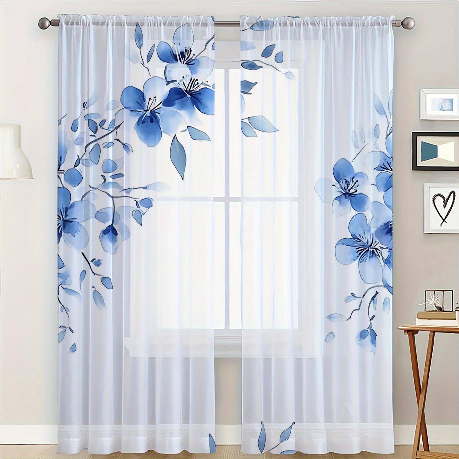

2 pieces HD digital Blue Leaf Blue Flower printed window screen home decor style decoration living room bedroom rod 100*130 HOOK 1pcs