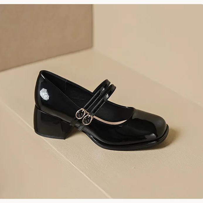 Mary Jane Shoes Women Block Heel Patent Leather Black Shoes