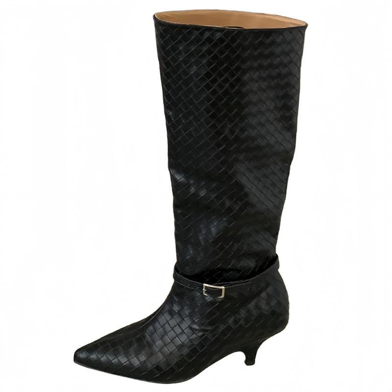 2025 autumn and winter European and American style woven big tube circumference boots temperament pointed head thin heel high heel but knee boots
