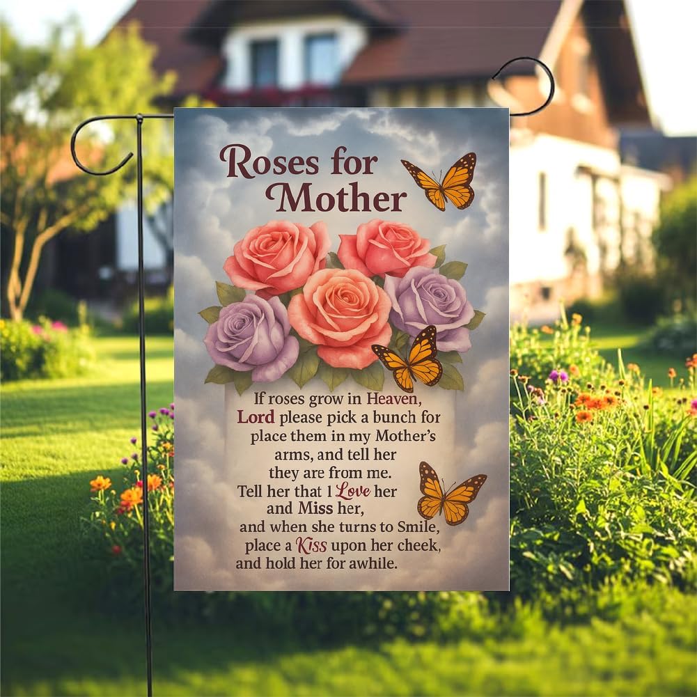 1pc Memorial Garden Flag for Mom - Single-Sided 100% Polyester, Roses Sympathy, Outdoor Lawn Decor