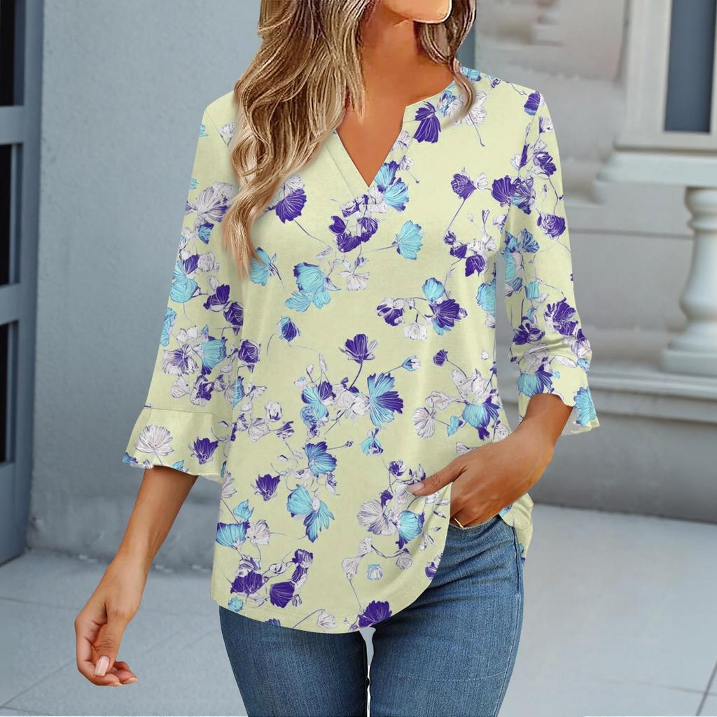 3/4 Sleeve Tops For Women T-Shirt Casual Flared Sleeves Print Tunic V Neck Pullover Blouse