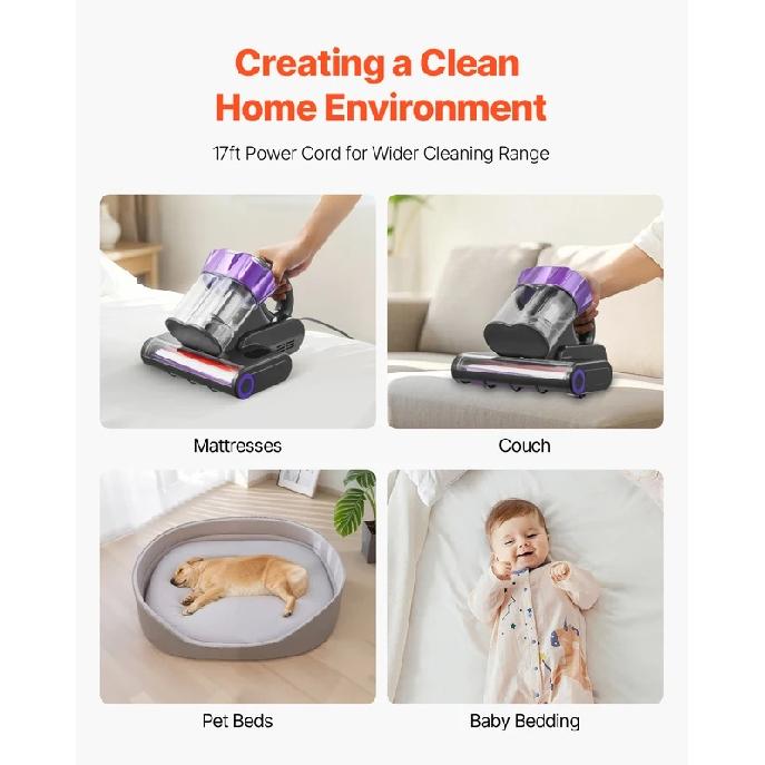 SucceBuy Mattress Vacuum Cleaner w/ 18Kpa Powerful Suction Dual Dust Bin HEPA Filter & Heating Ultrasound Handheld for Bed Sofa