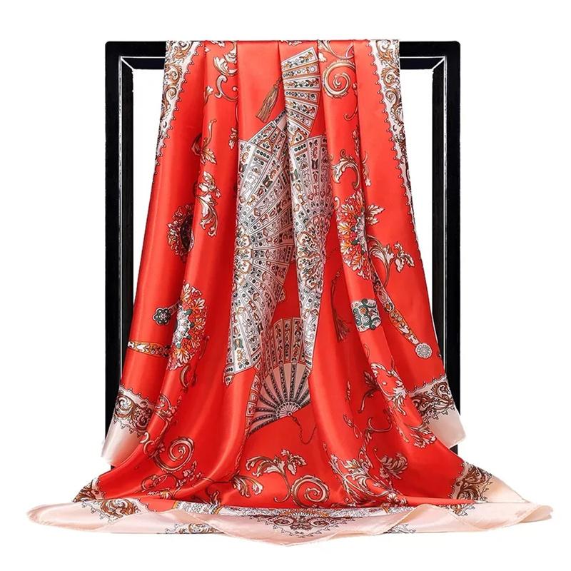 90*90Cm Satin Scarf For Women Cashew Flower Print Chain Scarf Spring And Summer  Style Shawl Scarf For Women   Style