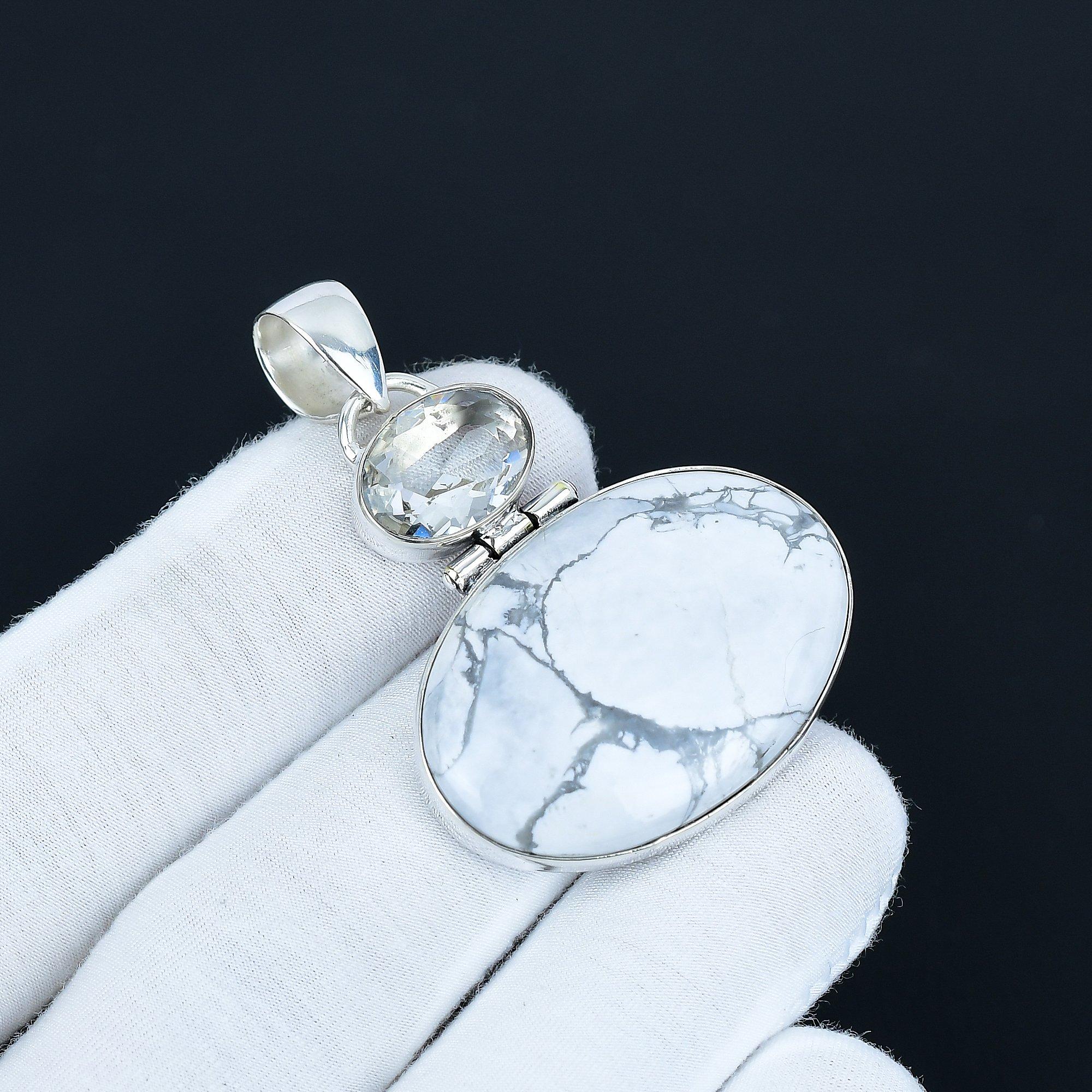 

Howlite & Aquamarine Gemstone Pendant, 925 Sterling Silver Jewelry, Silver Pendant, Unique Jewelry, Antique Pendant Gift For Girlfriend 6.5 Cm белый