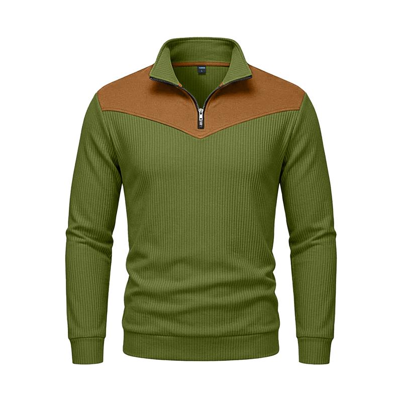 Herbst Winter Herren Color Block Sweatshirt Vertikal Rippstrick Halber Reißverschluss Stehkragen Pullover Wildlederflicken Schulter Ellbogen Vintage Lässig Langarm Oberteile