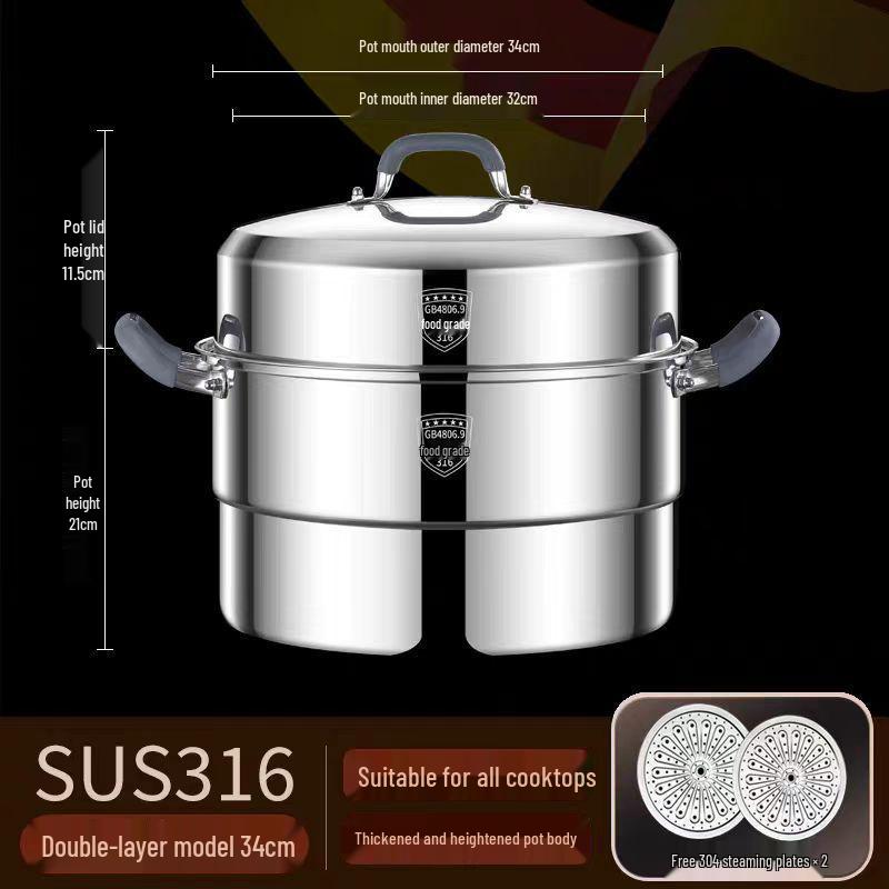 316 Stainless Steel Steamer Pot with Silicone Handle - Large Capacity Multi-layer Stew Basket