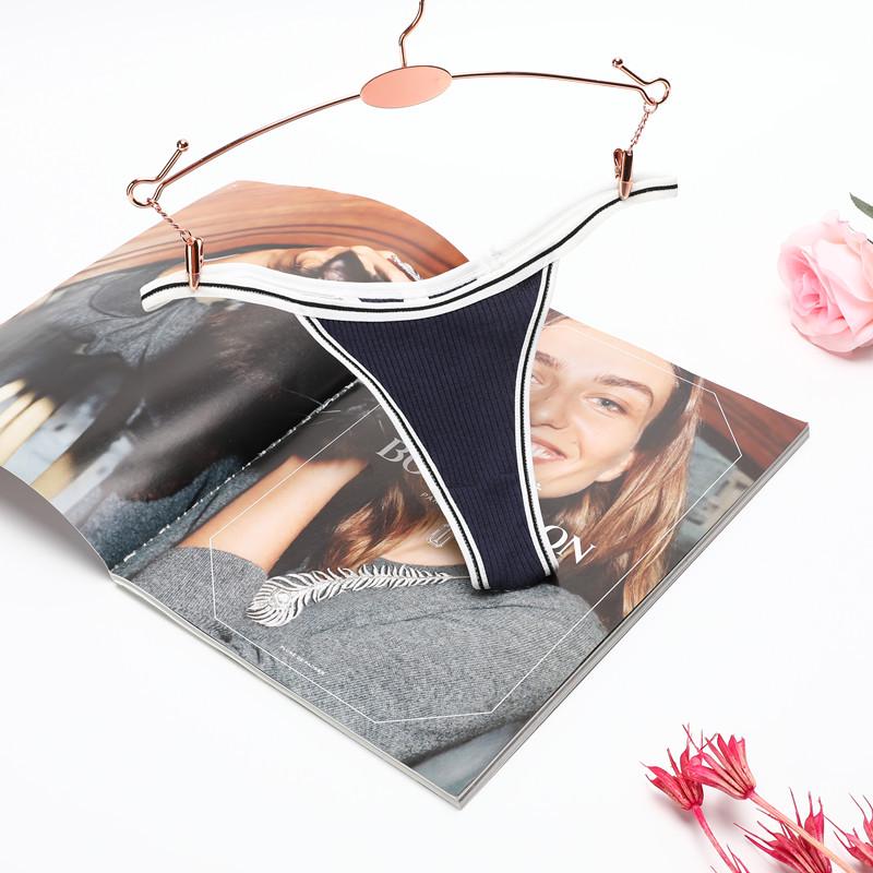 Solid Color Ribbed Cotton Women's Thong with Fine Straps and Hollowed Mid-Low Waist Design